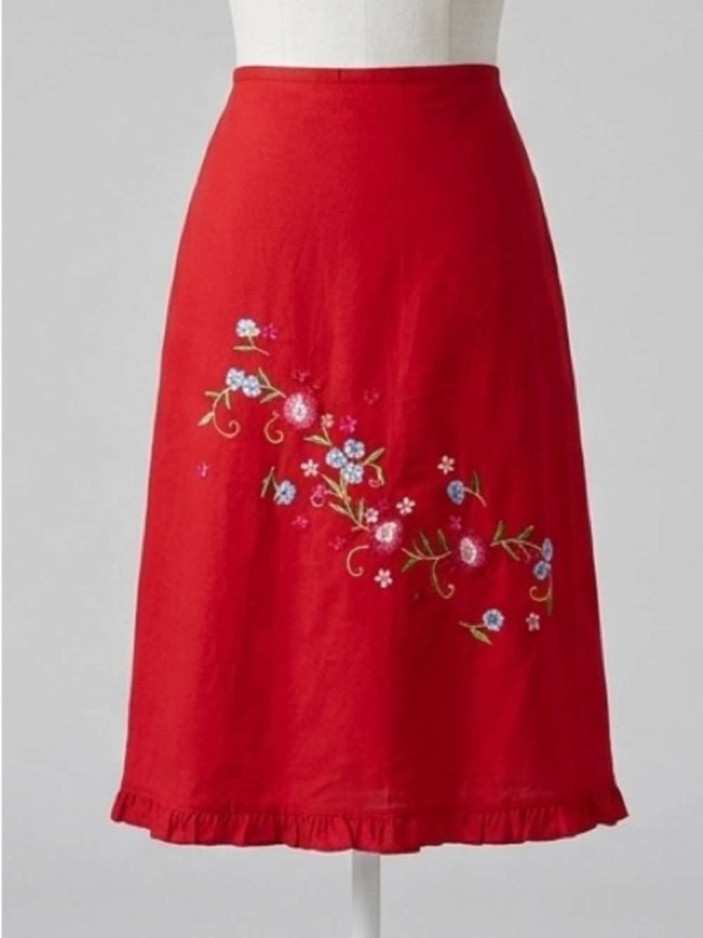 Vintage Red Floral Embroidered Ruffle Trim A-Line Cotton Skirt Sz 10 Made in USA